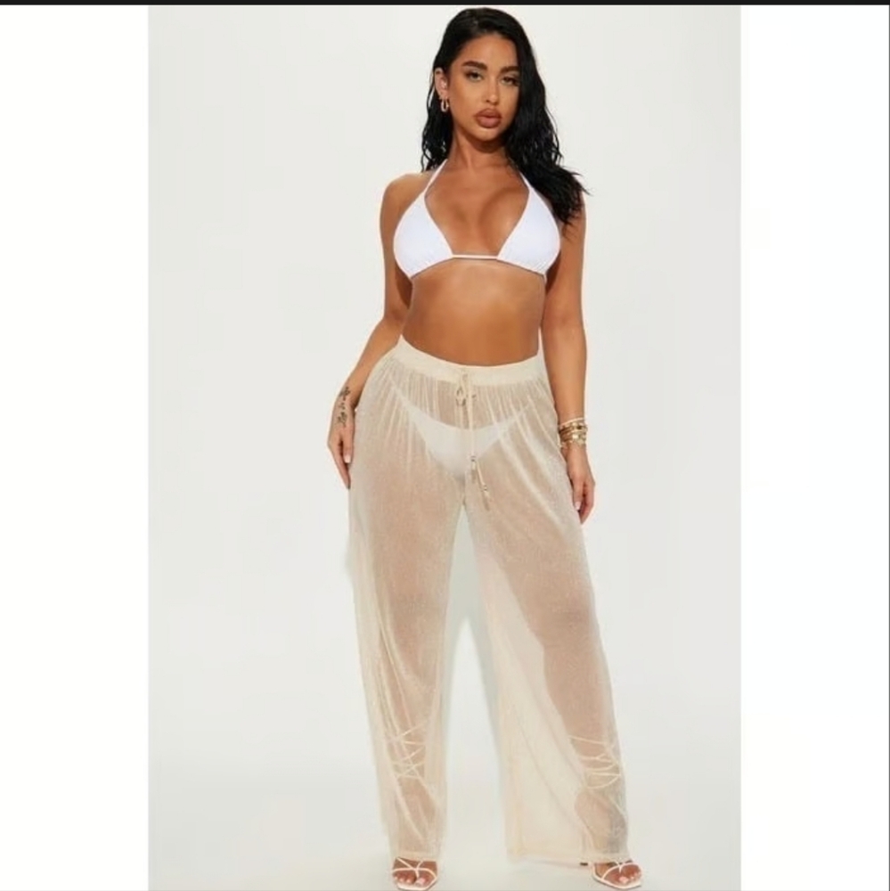 TiniBikini Womens Cream Gold Metallic Summer Nights Knit Pants Cover Up Pants M